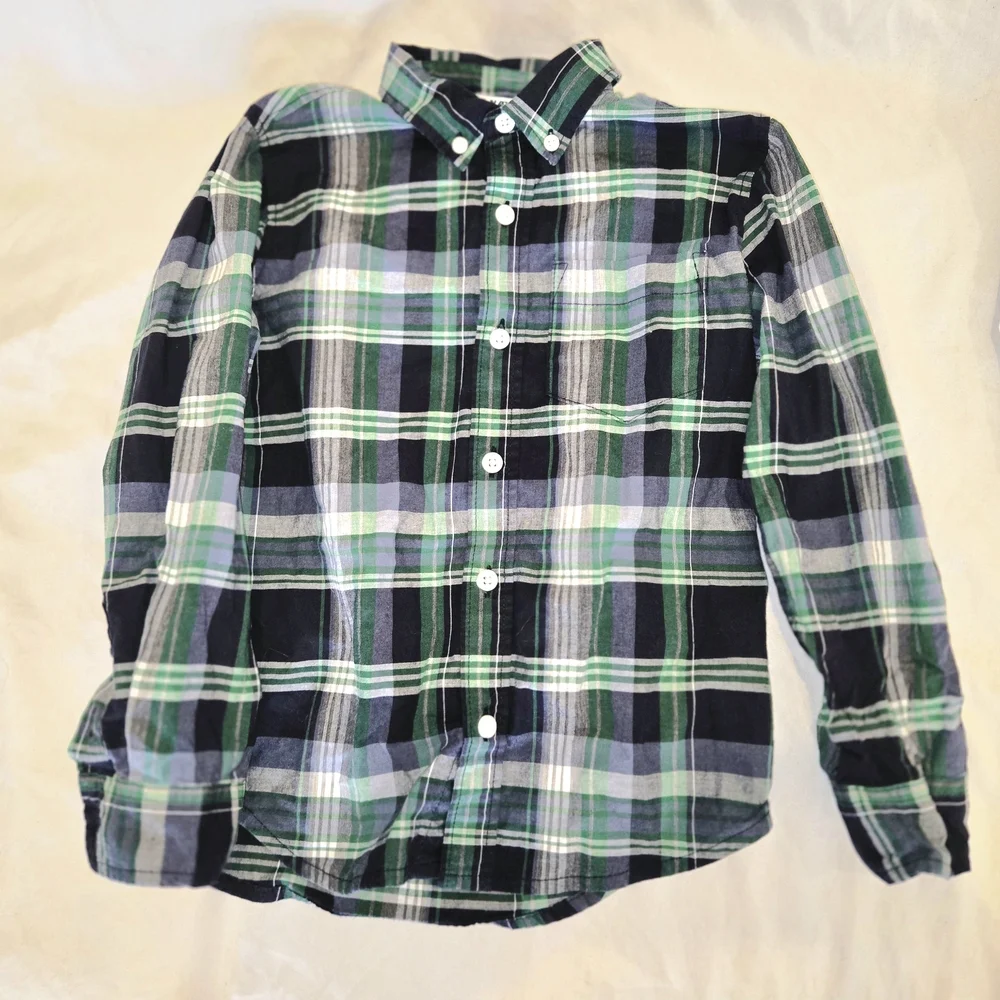 Old Navy Boys Green, White and Navy Plaid Button Down Shirt Collared Shirt